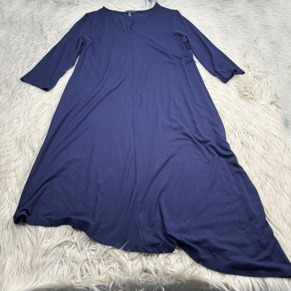 Eileen Fisher Women's L Navy Asymmetrical Hem V-Neck Jersey Midi Shift Dress